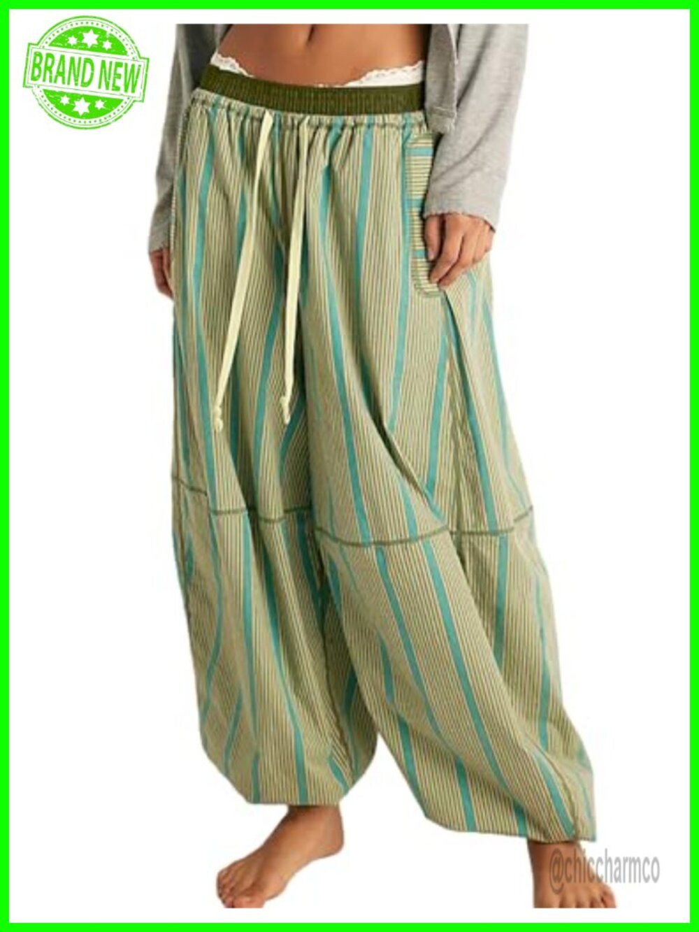 Striped Drawstring Barrel Pants Wide Leg Harem Trousers